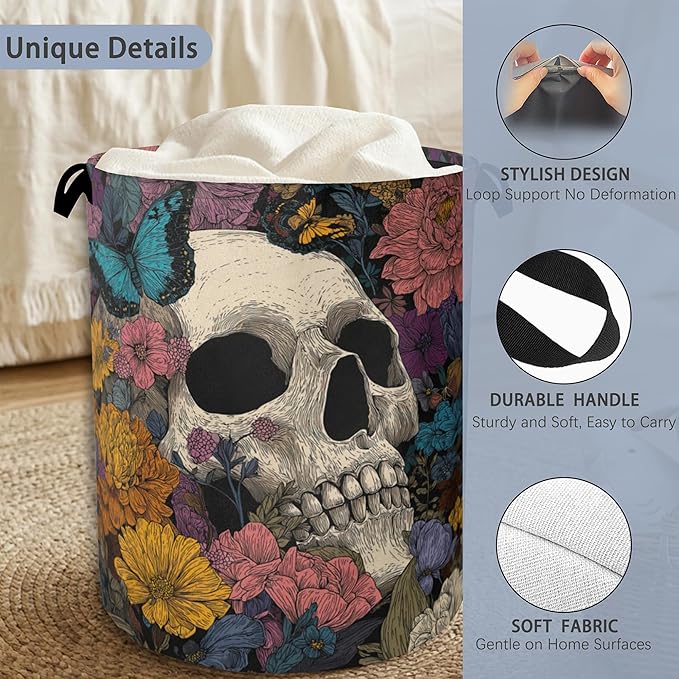 Skeleton Laundry Basket,Butterfly Flowers Oxford Cloth Laundry Hamper with Handle Foldable Portable Clothes Storage Basket for Bathroom Bedroom Dorm Room 16" x 20.8"