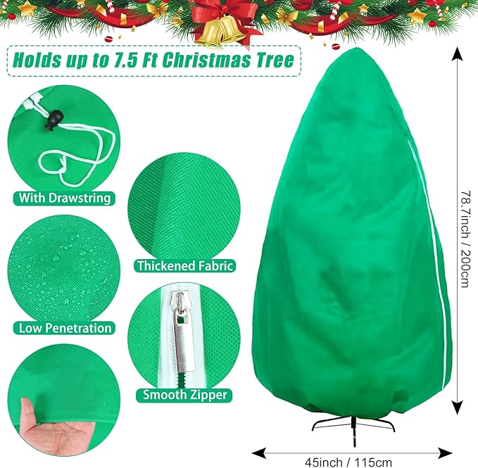 Upright Christmas Tree Storage Bag, Tapered Christmas Tree Cover for 7.5 FT Artificial Tree Standing with Ornaments, Tear Resistant Holiday Assembled Xmas Tree Bag with Zipper and Drawstring (Green)