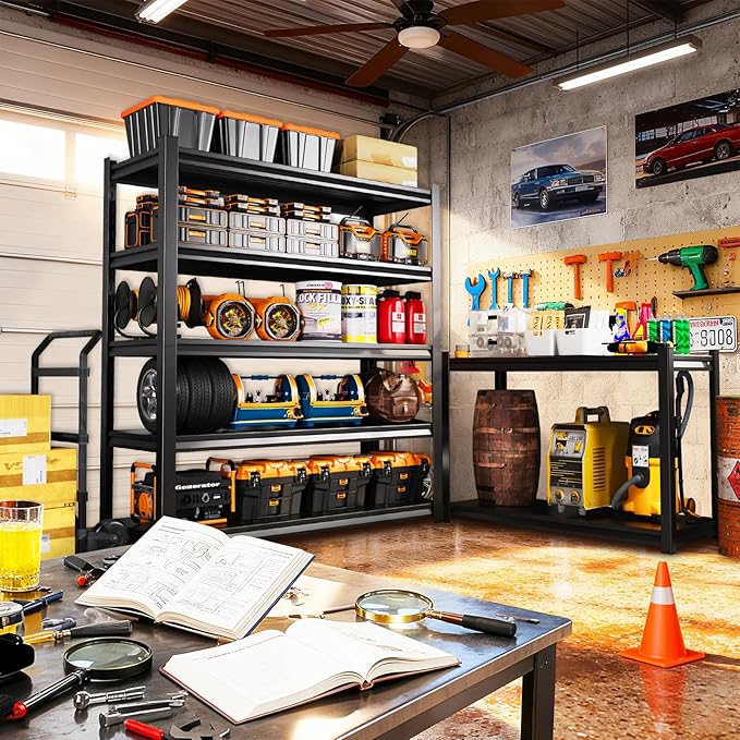 5-Tier 72”H Garage Shelving, Adjustable Garage Shelves,3000 Lbs Storage Shelves Heavy Duty, Garage Shelf for Tool Organization, Storage Shelves for Basement, Warehouse, Black (72''H×59''W×19.7''D)