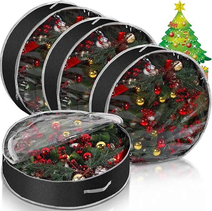 Aliceset 4 Pack Wreath Storage Containers, Christmas Ornament Garland Wreath Storage Bags with Handle Dual Zipper Large Decorative Storages Box for Winter Wreaths(36 x 36 x 7.8 Inch,Black)