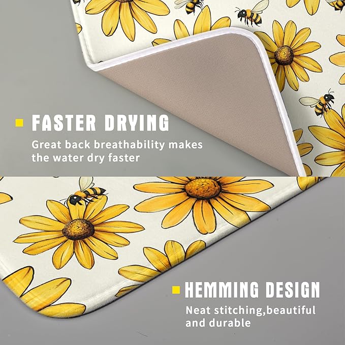ABSOP Spring Summer Sunflower Bee Dish Drying Mat of Kitchen Counter 18×24 Inch Floral Drainer Pad Flower Dish Rack Pad Drainer Mat Washable Absorbent Reversible Microfiber for Coffee Bar