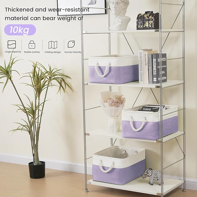 Large Storage Baskets- 15.7x11.8x8.26 inch Storage Bins for Shelves and Closet Organizing, Foldable Fabric Bin for Home Organization Clothes and Laundry (6-Pack, White&Purple)