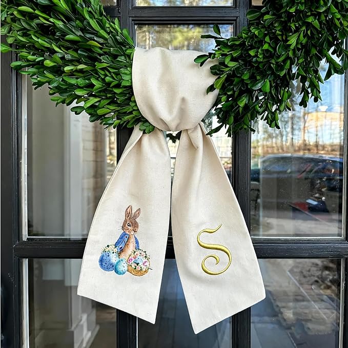 Rabbit Easter Wreath Bow Custom Embroidered Monogram Spring Bunny Wreath Sash for Front Door Hand Tailored Easter Decorations Spring Bows for Wreaths (U)