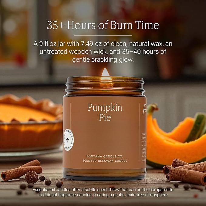 Fontana Candle Co Wood Wick Beeswax Jar Candles, Pumpkin Pie Fall Candle - Made with Coconut Oil & Pure Essential Oils – Clean Burn, Long Lasting and Non-Toxic Candles for Home & Room Decor