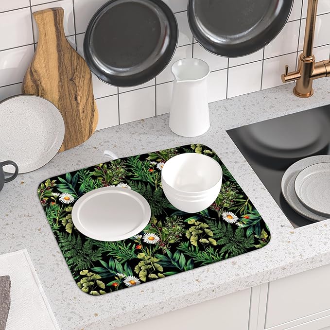 Green Botanical Dish Drying Mat 16x18 Inch Plant Leaf Fast Dry Dish Drainer Rack Mats Absorbent Microfiber Protector for Countertops Sinks