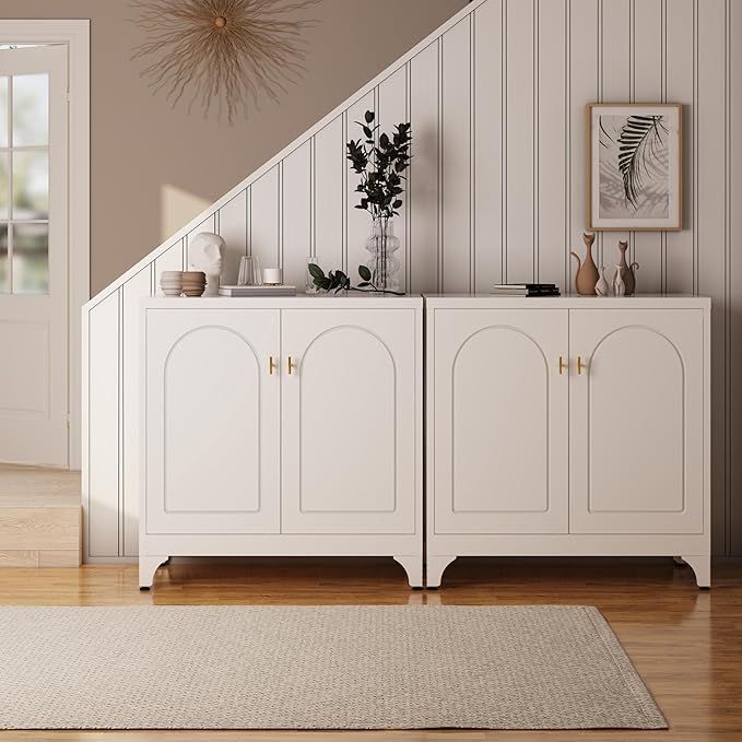 Metal Storage Cabinet with 2 Doors, 33" H White Sideboard Cabinet, Small Kitchen Pantry with Adjustable Shelf, Coffee Bar Cabinets, Storage Cabinets for Kitchen, Bedroom, Living Room, Office