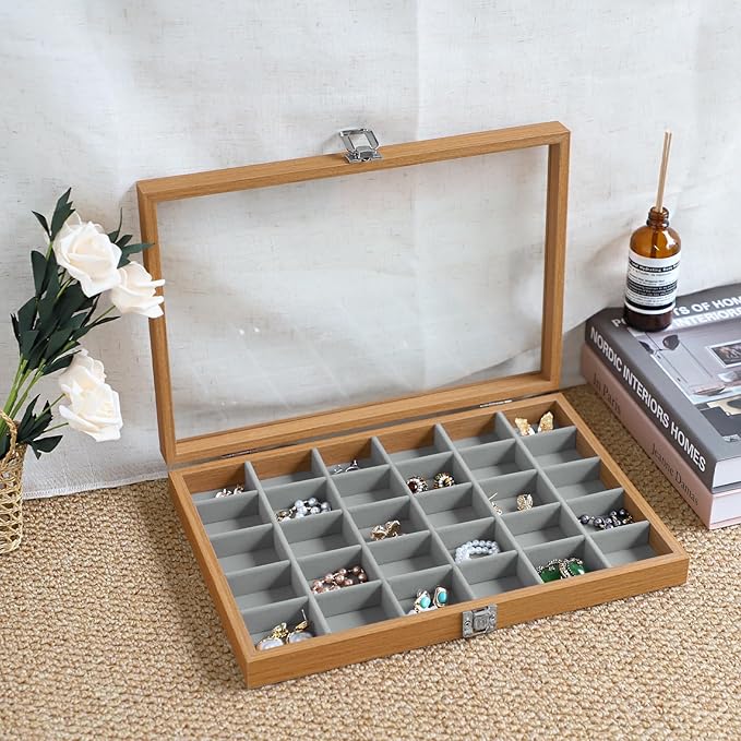 Wudygirl Jewelry Box for Women Wooden Jewelry Organizer 30 Grid Jewelry Box with Hinged Lid Earring Holder Organizer Jewelry Tray for Rings Bracelets Brooches (Gray 30 Grid)
