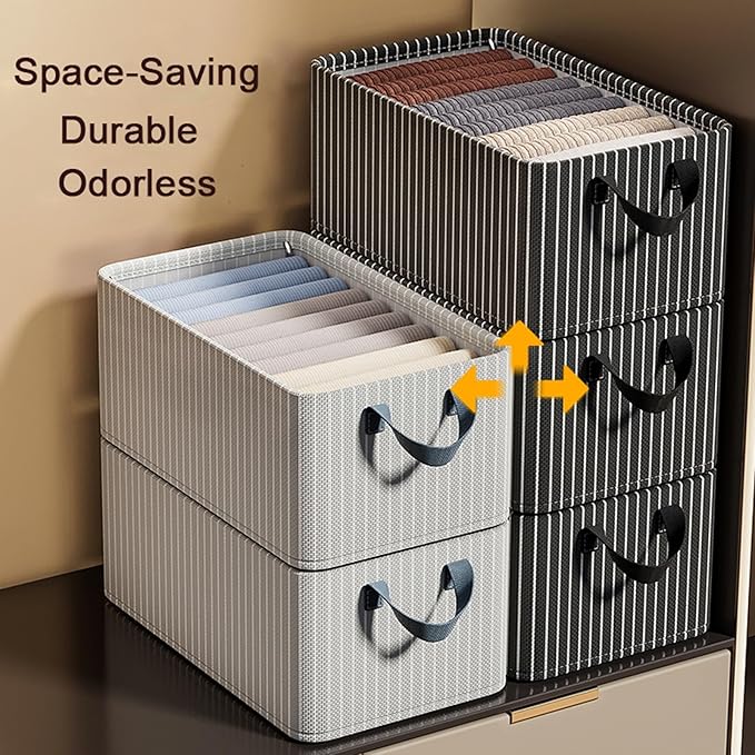 4PCS Closet Clothes Organizer Dustproof Sturdy Storage Baskets Bins 26L Foldable Shelf Containers Bin Support Boards Dust Lid Steel Frame for Sweater Pants T-shirt Dress (Gray-white Stripes - No Lid)