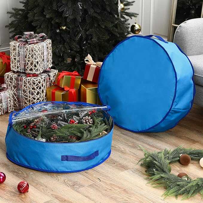 4 Pack Wreath Storage Container, 24 Inch Christmas Wreath Storage Box with Clear Window and Handles Upgrade Oxford Cloth Garland Bags with Dual Zipper for Xmas Wrapping, Blue