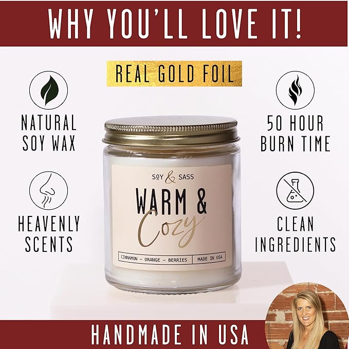 Christmas Candles, Fall Candles, Warm and Cozy' Soy Candle I Berries, Apple & Cinnamon I Infused w/Essential Oils I Warm n Cozy Home Decor I Winter and Holiday Candle I 50Hr Burn I USA Made
