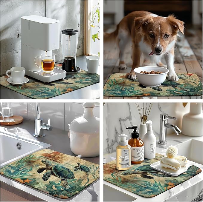 Wnoesat Vintage Ocean Sea Turtle Dish Drying Mats for Kitchen Counter 16 X 18 Inch Summer Turtle Dish Mat Drying Kitchen Mat Nautical Coastal Absorbent Drying Mat with Hanging Loop, 240219