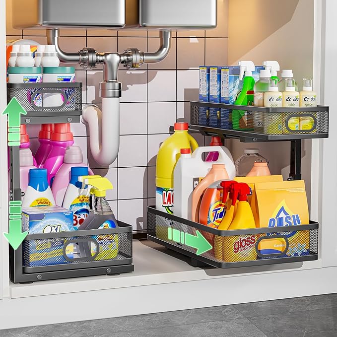 Under Sink Organizer, High Adjustable 2 Tier Under Sink Organizers and Storage, Slide Out Metal Cabinet Organizers, Pull Out Sink Storage Drawer Shelf for Kitchen Bathroom Cabinet, Black, 2 Pack