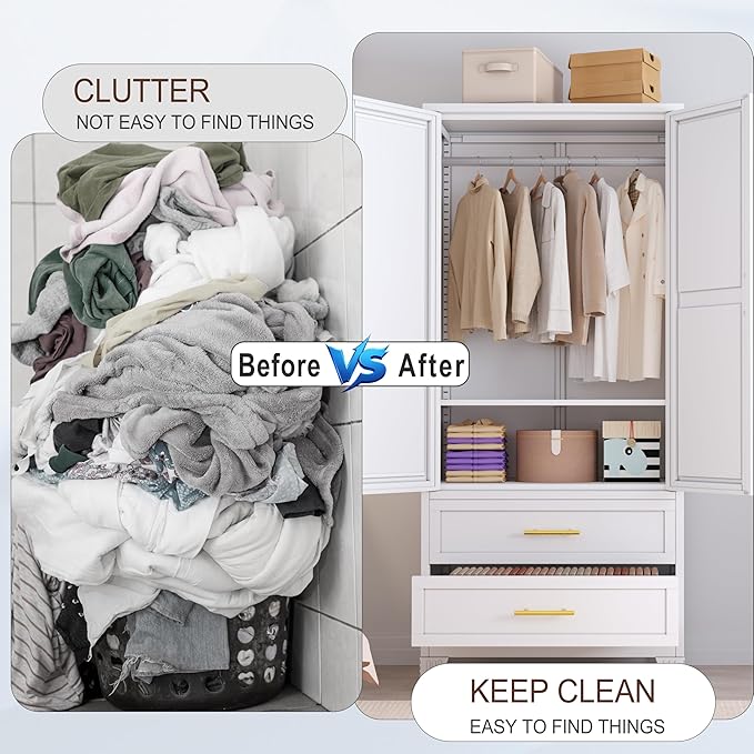 Metal Armoire Wardrobe Closet, 71 "Metal Clothing Storage Cabinet with Mirror and Adjustable Shelves, Household Steel Wardrobe Storage Cabinet with 2 Drawers and Hanging Rod(Armoire-White)