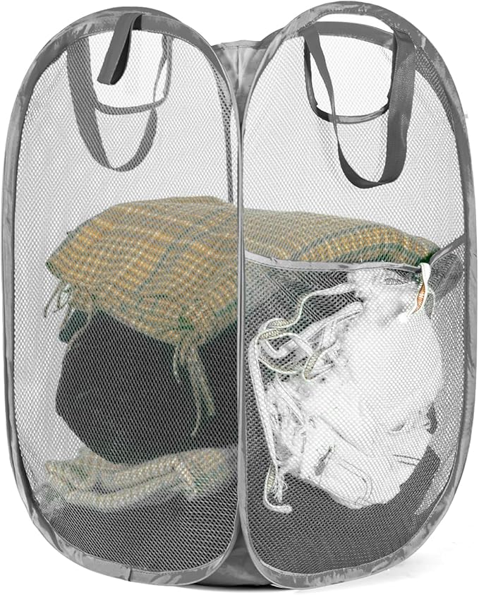 HOUSE AGAIN Mesh Popup Laundry Hamper, [Reinforced] Collapsible Laundry Basket, Foldable Pop Up Hamper with Durable Handles, Easy to Open and Fold for Dorm, Laundry Room, Bedroom, RV, (Grey）