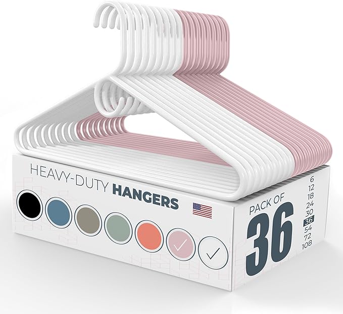 Neaties Heavy Duty Clothes Hangers 36 Pack – Made in The USA – 8lb Capacity Plastic Hangers for Adult Clothing – Durable for Pants, Coats, Jackets, or Jeans – White & Pink