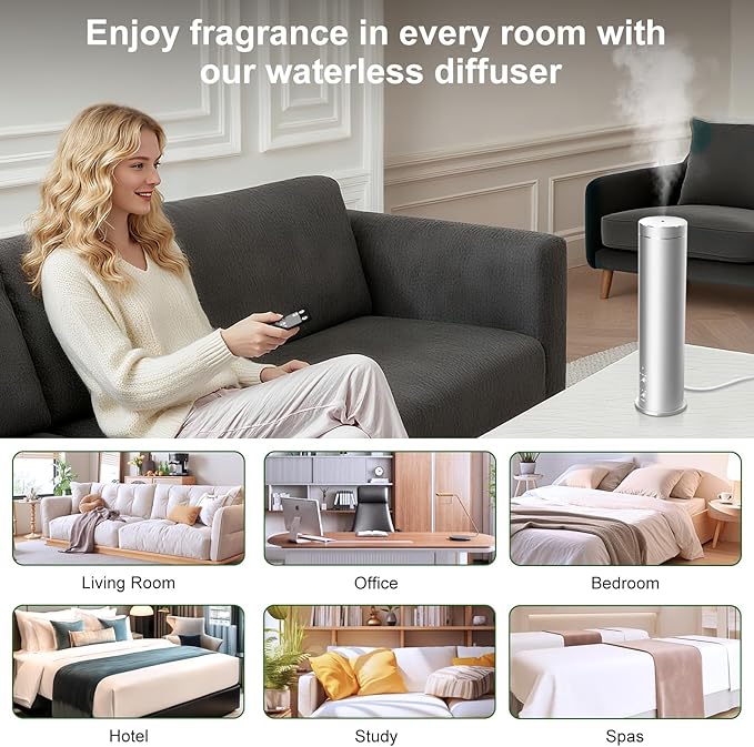 Waterless Essential Oil Diffuser Large Room Scent Diffuser for Home, Office, Hotel and Spas - Aromatherapy Diffuser Fragrance Oil Machine, Remote Control, Timer, Silver