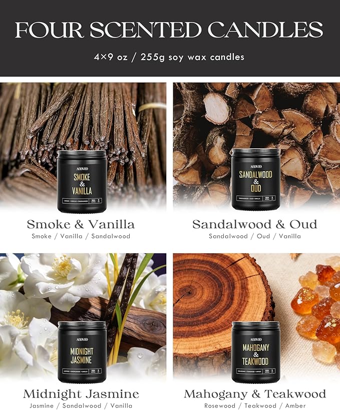 AOOVOO Scented Candles for Men - 4 Pack Candles for Home Scented, 36oz Soy Wax, 200 Hour Burn Time, Men Candle Set, Sandalwood Oud/Mahogany Teakwood/Smoke Vanilla/Jasmine Candle Set A