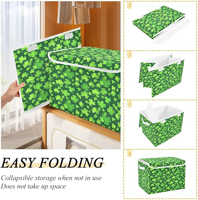 Bolaz Clover St Patrick Day Storage Bins with Lids and Handles, Foldable Storage Box Storage Basket with Cover Collapsible Organizer Containers for Home Closet, Shelves