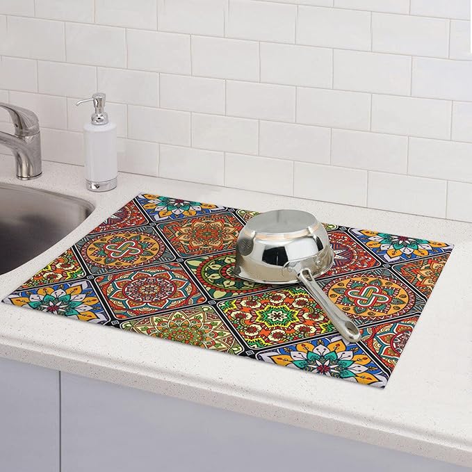 Retro Dish Drying Mat for Kitchen Counter Mandala Colorful Dish Drainer Rack Mats Boho Decor Washable Absorbent Reversible Microfiber Drying Pad Kitchen Accessories 18"x24"