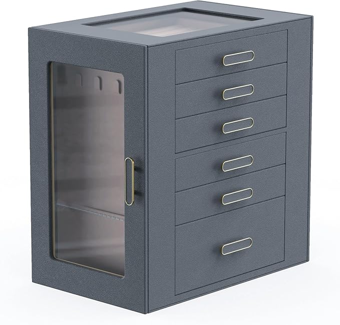 Jewelry Boxes for Women, 6 Layer Jewelry Organizer with Glass Lids, Jewelry Holder Organizer with 5 Drawers and 2 Glass Doors for Jewelry Storage, Big Jewelry Box for Womens Gift (Grey)