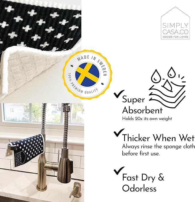 SIMPLYCASA 10-Pack Swedish Dishcloths – Reusable Dishcloth, for Kitchen and Household Use, Made in Sweden, Cellulose Sponge Dish Cloths, Paper Towel Replacement, Plastic-Free Packaging