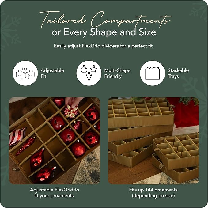 Covermates Keepsakes Adjustable Ornament Storage Bag – Heavy-Duty Polyester, Padded Dividers & FlexGrid Trays – Protective Holiday Ornament Organizer with Handles & Label Window, Red