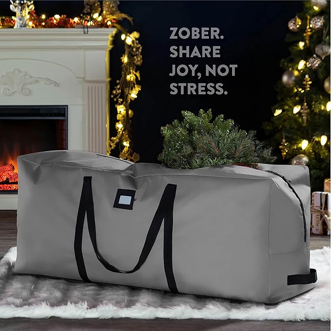 ZOBER 600D Oxford Fabric Christmas Tree Storage Bag - Fits 7.5 Ft Artificial Trees - Tear Proof Waterproof Christmas Tree Bag For Storage Box For Xmas - Strong, Durable Handles - Card Slot - Gray