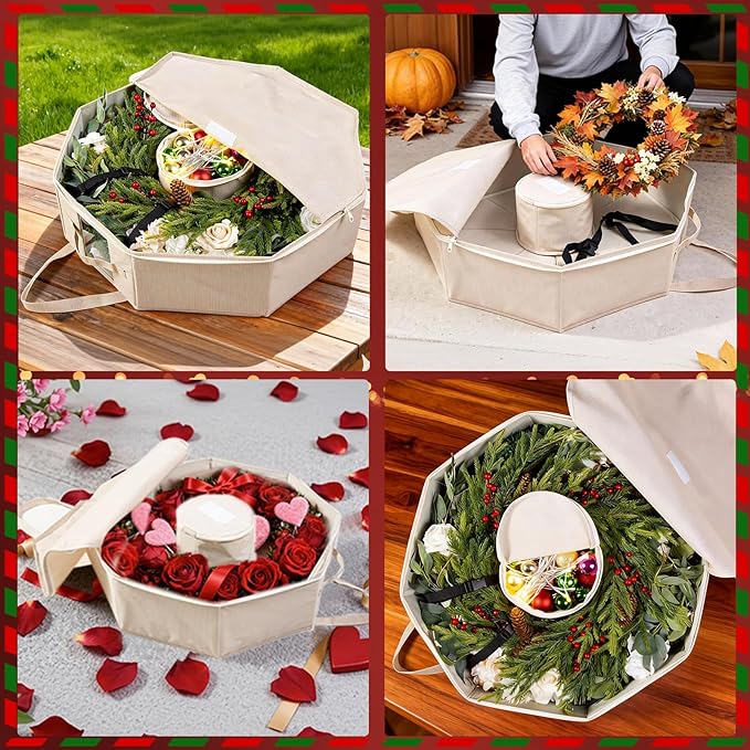 2 Pack Wreath Storage Christmas Garlands Bag with Interior Pockets Large Xmas Container Box for Holiday Decorations Case with Zipper Handles Window Labeling Card Slot 24" Houndstooth