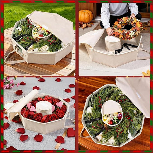2 Pack Wreath Storage Christmas Garlands Bag with Interior Pockets Large Xmas Container Box for Holiday Decorations Case with Zipper Handles Window Labeling Card Slot 24" Houndstooth