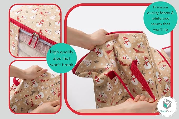 Canvas Storage Bags Designer Organizer 2 Pack – Seasonal Storage for Sweaters, Blankets, Linens & Garments – Foldable Design with Zip & Window, Moth-Proof Space Saver, Snowman Print