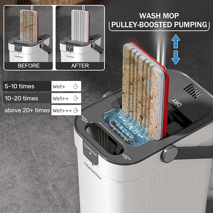 HoMettler Mop and Bucket Set, Flat Mop and Bucket System with Separate Dirty and Clean Water, 3-Compartment Wall Cleaner Mop, Flat Mops for Floor Cleaning with 4 Microfiber Pads