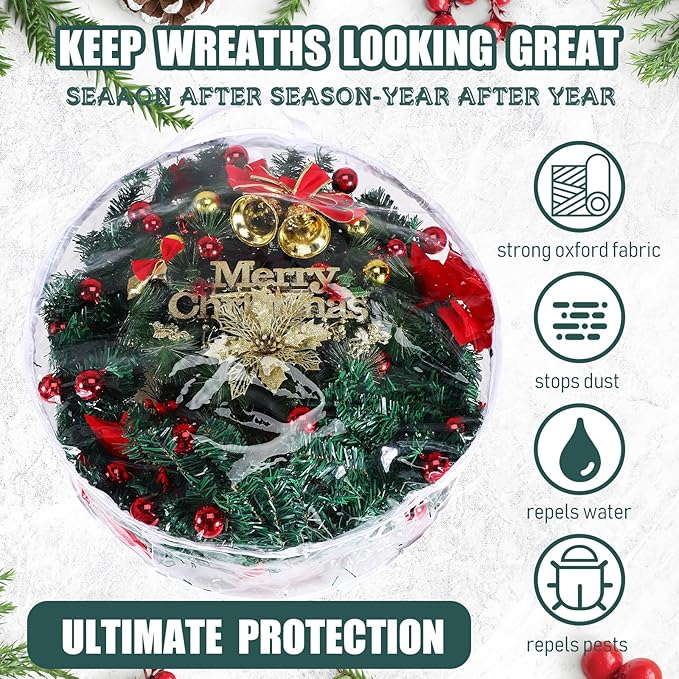 Shappy 6 Pcs 36 Inch Christmas Wreath Storage Container Clear Wreath Storage Bags PVC Waterproof Garland Bags with Clear Window Dual Zippers and Handles for Xmas Holiday Artificial Garland (White)