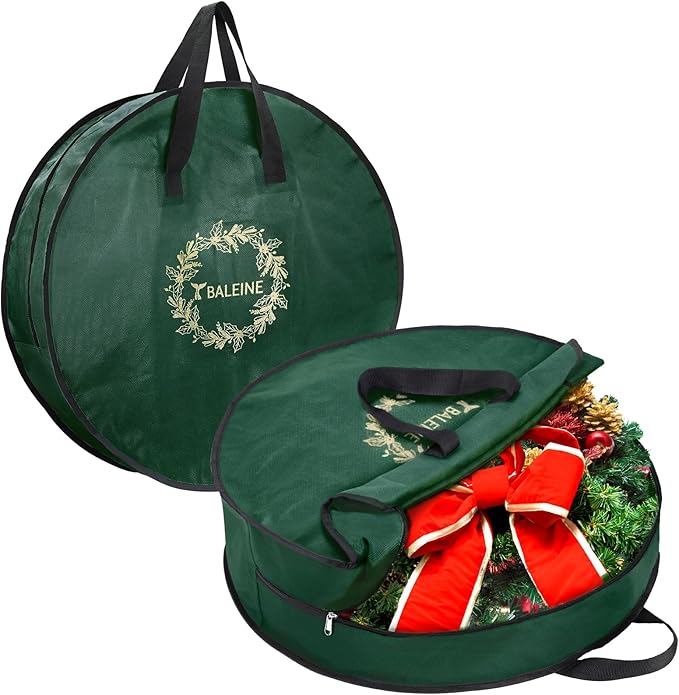 BALEINE 2 Pack Wreath Storage Container, Christmas Wreath Storage Bag with Reinforced Handle for Holiday Xmas (Green, 30"X8")