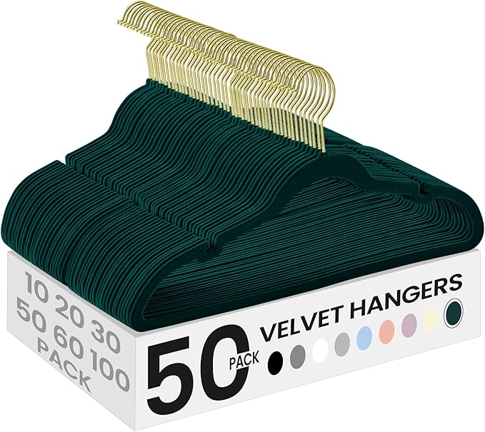 SONGMICS Velvet Hangers 50 Pack, Non-Slip Clothes Hangers, Suit Hangers with Shoulder Notches, Pants Bar, 360° Swivel Hook, Space-Saving, for Closet, Forest Green UCRF029C05