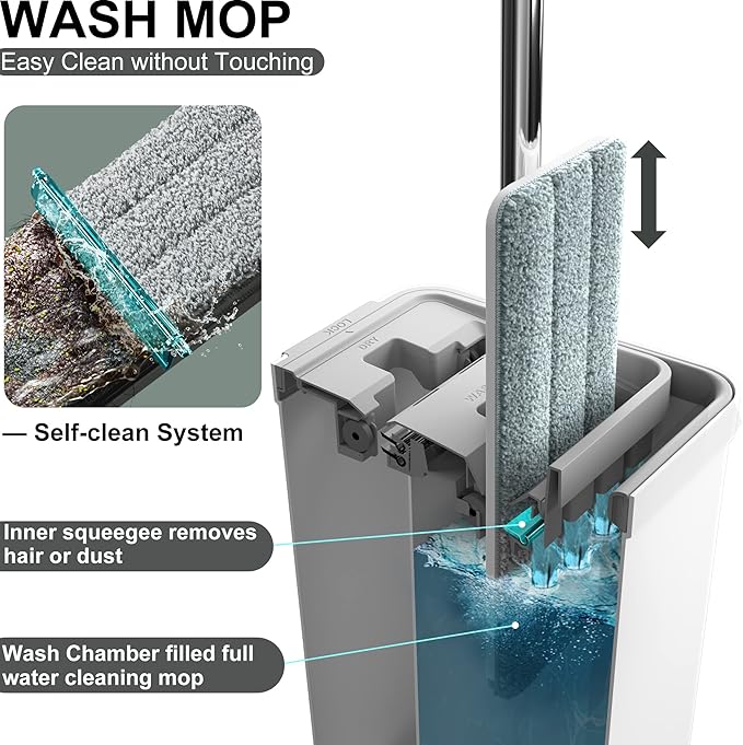 BOSHENG Mop and Bucket with Wringer Set, Flat Floor Mop and Bucket, with 3 Microfiber Mops for Floor Cleaning, Wet and Dry Use for Household Cleaning - White