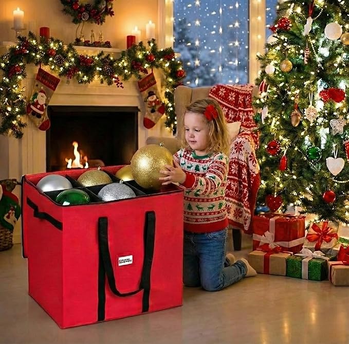 Christmas Extra Large Ornament Storage Container - Box Stores Up to 48 – 6” Ornaments – With 4 Individual Trays -Heavy Duty 600D Tear Resistant Material, Zippered, Adjustable Dividers.