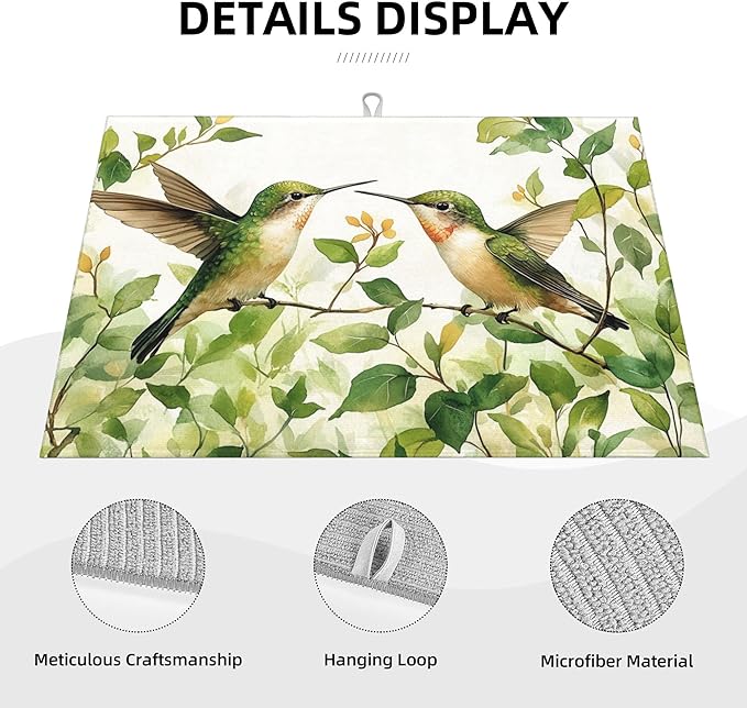 Green Hummingbird Dish Drying Mat for Kitchen Counter Microfiber Super Absorbent Non-Slip Dish Drying Pad for Countertops Dishes Utensils Stylish Quick-Dry Machine Washable 18x24 Inch