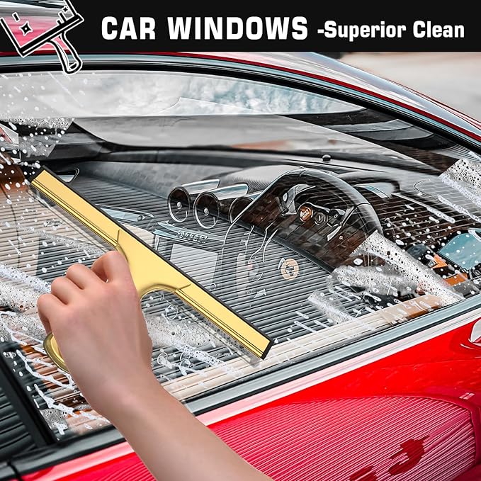 OVSGTTZ All-Purpose Shower Squeegee for Shower Glass Doors with 2 Adhesive Hook, Stainless Steel Squeegee for Bathroom, Household Window, Mirrors, Tiles and Car Windows 10 Inches, Clear, Golden