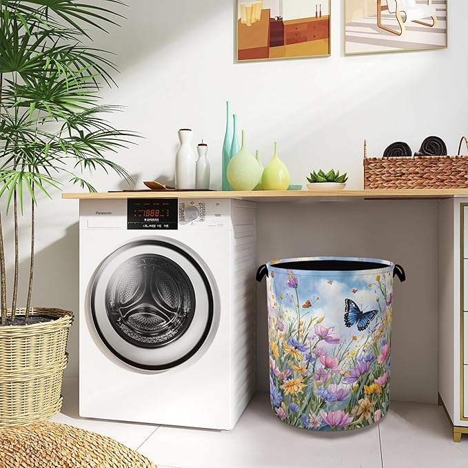Wildflowers Butterfly Laundry Basket,Floral Garden Oxford Cloth Laundry Hamper with Handle Foldable Portable Clothes Storage Basket for Bathroom Bedroom Dorm Room 16" x 20.8"