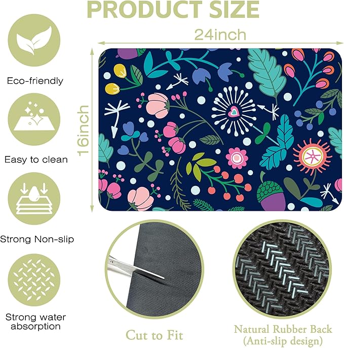 Kitchen Mat Beautiful Floral Dish Drying Mat 16"x24" Bsorbent Coffee Maker Mat for Sink Dishes or Under Rack Kitchen Counter Accessories Absorbent Hide Stain Rubber Backed Dish Drying Pad