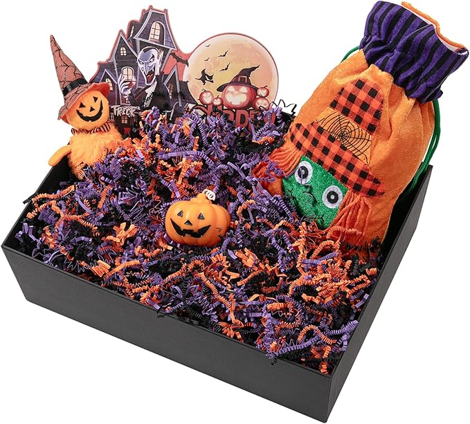 Mefleet 1 LB Halloween Crinkle Cut Paper Shred Filler Orange & Purple & Black Crinkle Shredded Paper for Boo Basket - Gift Box Bag Filler - Grass Cushion Stuffing for Halloween Wrapping