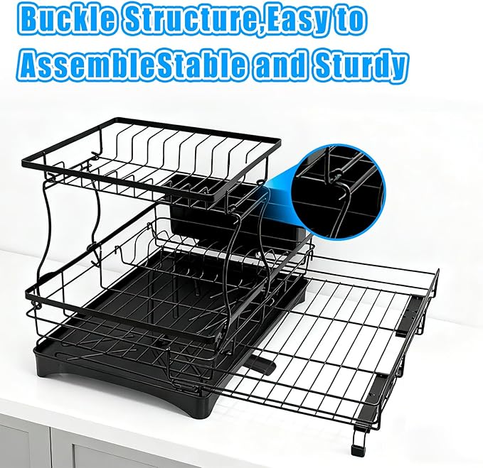 Suouezi Extendable 2 Tier Stainless Steel Dish Drying Rack | Large Over-The-Sink Rust-Resistant Rack | High Capacity with Utensil Holder | Efficient Kitchen Counter Organization & Space Saving