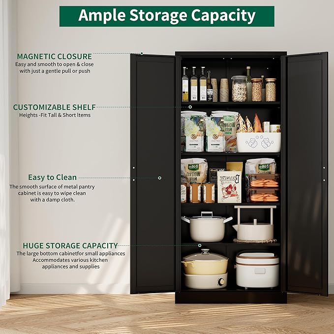 CJF Black Kitchen Pantry Cabinet,71 Inch Tall Metal Storage Cabinet with 4 Adjustable Shelves and Doors, Freestanding Pantry Cabinet for Kitchen, Living Room, Dining Room, Bathroom, Easy to Assemble