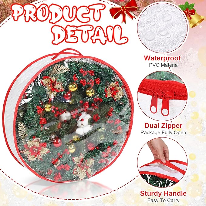 Aliceset 4 Pack Wreath Storage Containers, Christmas Ornament Garland Wreath Storage Bags with Handle Dual Zipper Large Decorative Storages Box for Winter Wreaths(30 x 30 x 7.8 Inch,White)