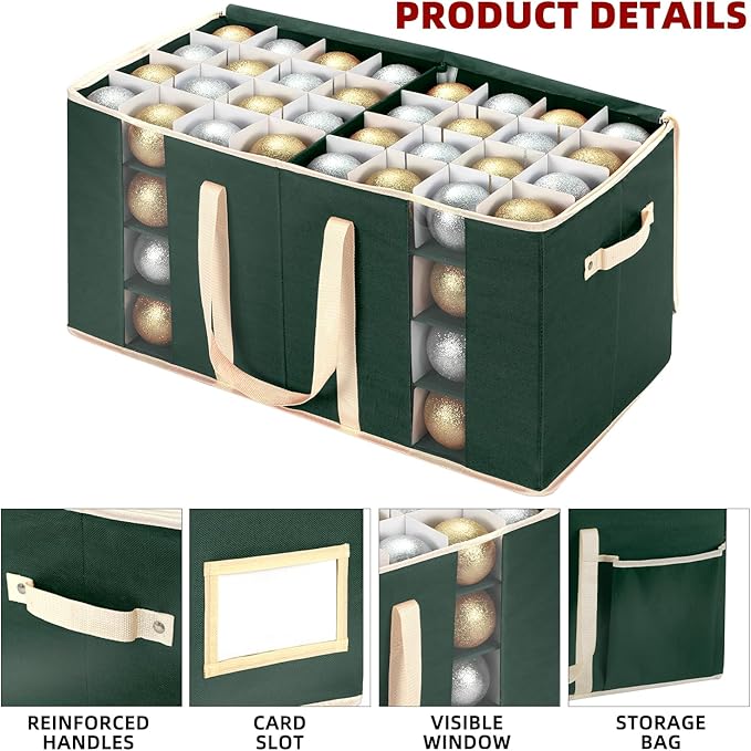 inin Christmas Ornament Storage Box with Adjustable Dividers,Christmas Ornaments Organizer with Zipper,Storage Container Bin with Side Pockets for Holiday Decorations(128 Ball, Green, Without Tray)