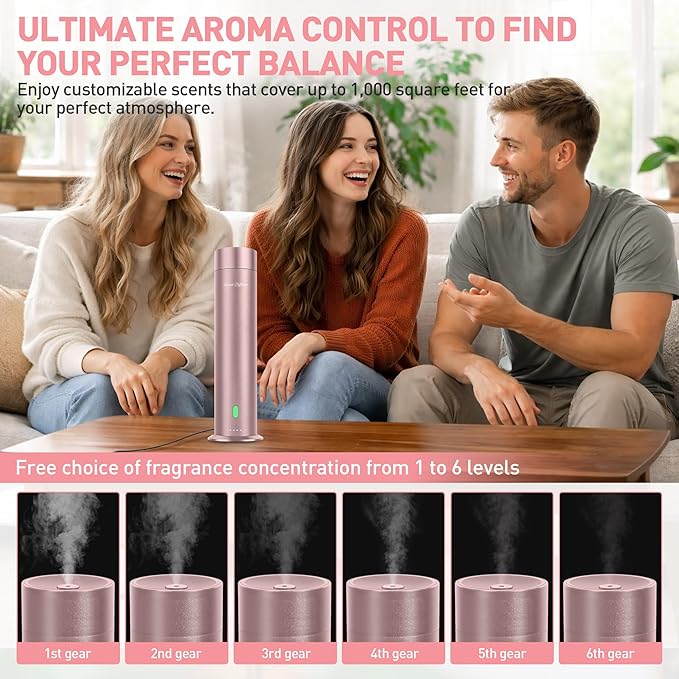 Waterless Scent Diffuser Starter Kit - 1000 Sq Ft Coverage, Hotel Scent Diffuser, Essential Oil Diffuser Large Room, Included 5 Scent Oils, Remote Control, Rosepink