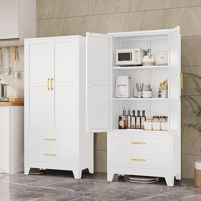 61" H Metal Pantry Storage Cabinet,Office File Cabinets with 2 Drawers and Shelves, Kitchen Cupboard Storage Cabinet for Bedroom and Dinning Room（White）