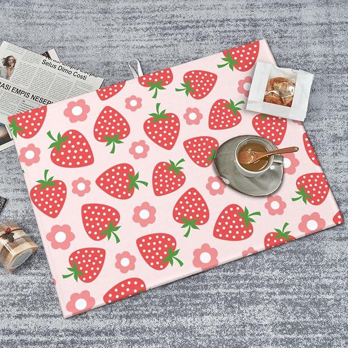Pink Strawberry Dish Drying Rack Mat for Kitchen Counter XL, Cute Flower Dish Drying Pad Absorbent Reversible Microfiber Protector for Coffee Bar Sink Countertops 18x24 Inch