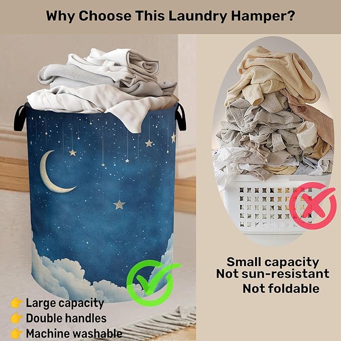 Starry Stars Moon Laundry Basket - Foldable Canvas Laundry Hamper with Handles, Heavy Duty Clothes Storage Basket for Home/Bedroom/Dorm