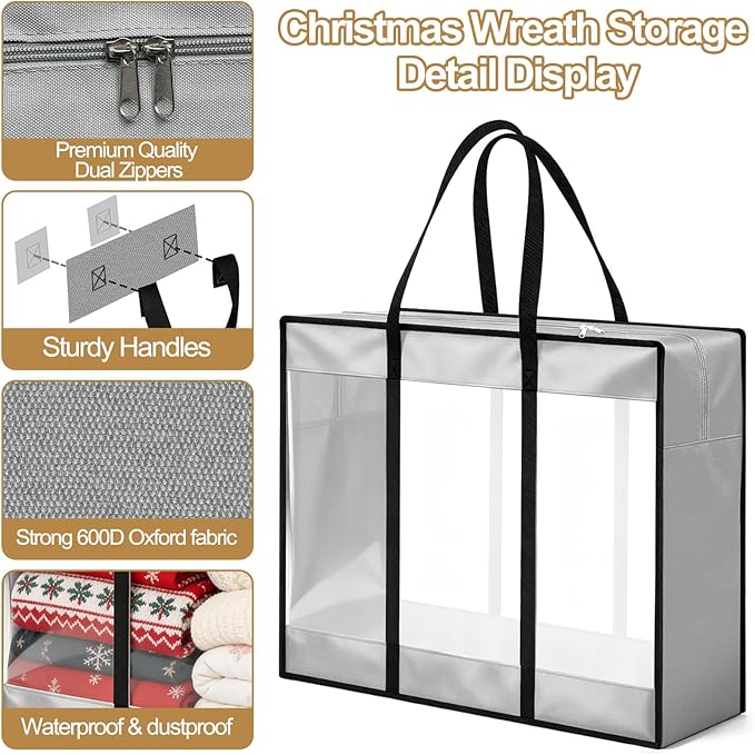 24 inches Christmas Wreath Storage Bag 4 Packs, 600D Heavy Duty Oxford Cloth Wreath Storage Container, Clear Moving Bags with Reinforced Handle for Xmas, Holiday, Moving & College Supplies